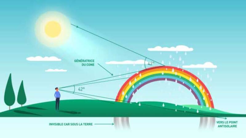 Cầu vồng hình thành khi ánh sáng Mặt Trời bị khúc xạ, phản xạ và tán sắc trong các giọt nước mưa. 