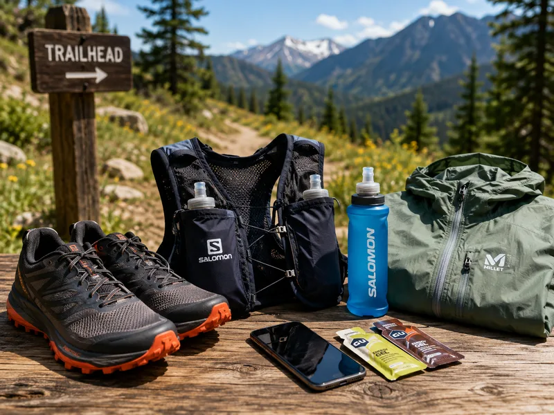 Giày trail, vest nước, bình nước, điện thoại và áo khoác nhẹ là những trang bị phổ biến khi chạy địa hình.
