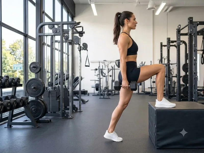 Step-up với tạ đơn trên bục thấp, chắc chắn và không trượt